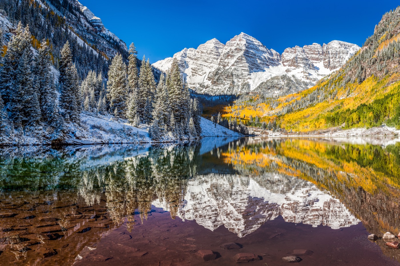 winter and Fall foliage at Maroon Bells, CO